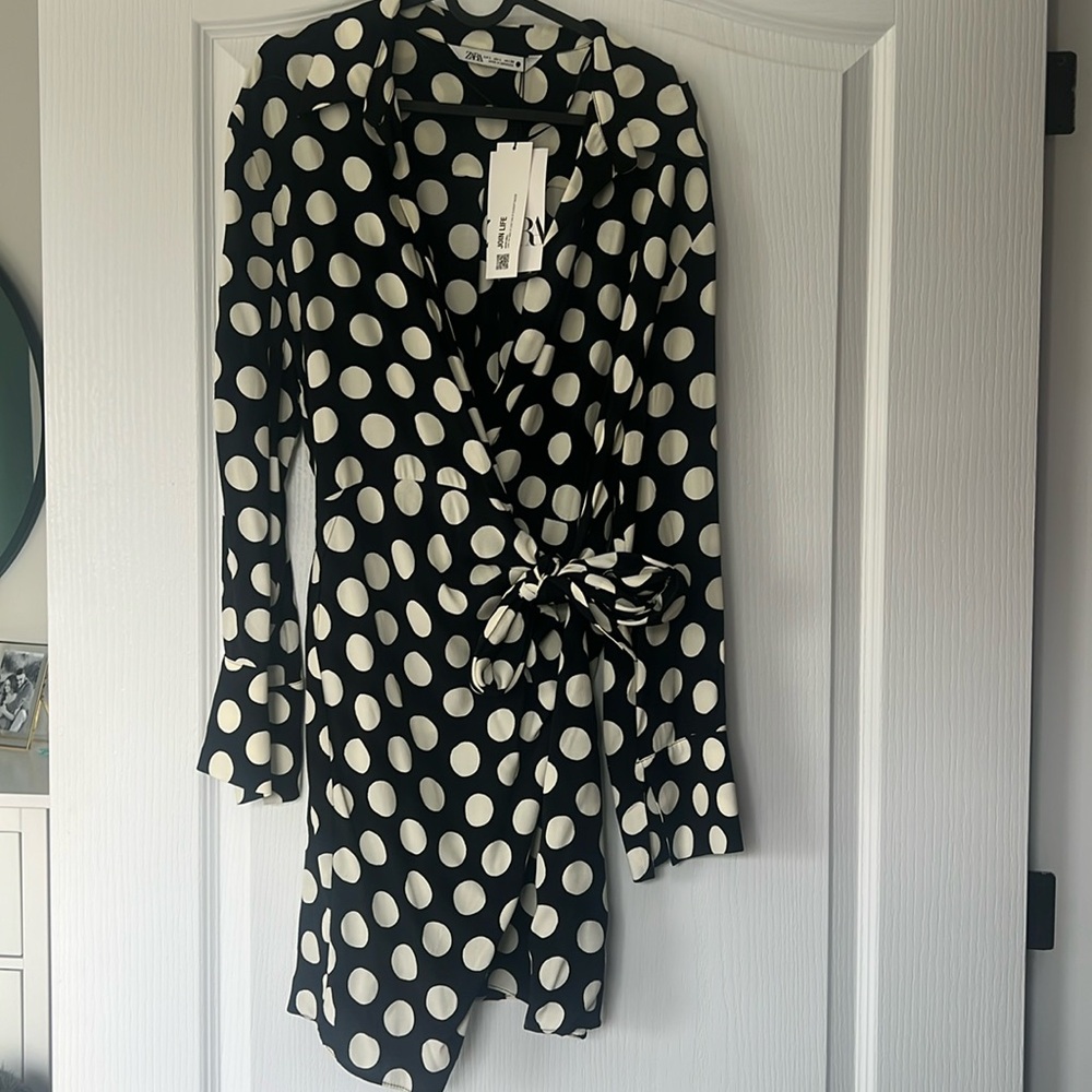 Zara Black and Cream Polka Dot Wrap Dress